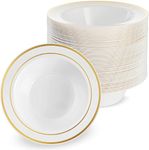 MATANA 50 Premium White Plastic Bowls with Gold Rim, 360ml - Elegant, Sturdy & Reusable - Soup & Dessert Bowls for Weddings, Birthdays, BBQ, Buffets, Catering, Parties