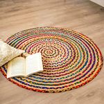 RAJRANG Multicolor Chindi Jute Area Rug Round 91 Reversible Rustic Braided Natural Rag Rugs for Living Room Farmhouse Bedroom Home Décor