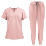 Scrubs Uniforms Women Set, Female Medical Uniforms & Scrubs Durable Short Sleeve V Neck Tunic Top and Pants with Pockets, Nursing Workwear Suits for Beauty Center(A25 Pink,S)