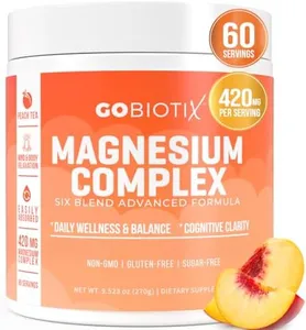 GoBiotix Magnesium Glycinate Powder - Magnesium Complex Supplement with Citrate, Malate, and Glutamine Chelate - Sugar Free, Non GMO - 420 mg per Serving - 60 Servings per Tub - Peach Tea