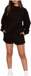 MakeMeChic Women's 2 Piece Outfits Long Sleeve Sweatshirts and Drawstring Shorts Sweatsuit Sets Black X-Large