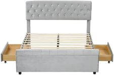 HOMCOM Full Size Platform Bed Frame with 2 Drawers, Upholstered Headboard with Crystal Tufted Design, Wooden Slats Mattress Foundation, No Box Spring Needed, Light Grey