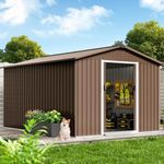 15 x 8 FT Outdoor Storage Shed, Metal Steel Utility Tool Shed Storage House with Frame Floor, Air Vents & Lockable Door, Waterproof Tool Sheds for Gardens, Patio, Garage, Lawn, Brown