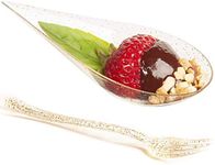 DLux 100 4-in Tear Drop Mini Appetizer Plates with Forks, re-usable Gold Glitter Clear Plastic Spoon - Dessert and Appetizers Dishes Serving Plate -Asian Spoon Set, Small Catering Dessert Tasting Cups