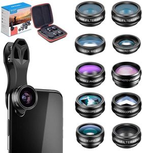 APEXEL 10 in 1 Cell Phone Camera Lens Kit, Wide Angle Lens & Macro Lens+Fisheye Lens+Telephoto Lens+CPL/Flow/Radial/Star Filter+Kaleidoscope 3/6 Lens for iPhone Samsung Sony and Most of Smartphone