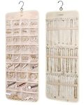 BAGSMART Hanging Jewelry Organizer Storage Roll with Hanger Metal Hooks Double-Sided Jewelry Holder for Earrings, Necklaces, Rings on Closet, Wall, Door, 1 piece, Large, Beige