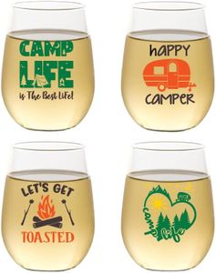 Set of 4 Shatterproof Designer 16 oz Plastic Wine Glasses MADE in the USA (CAMPING)