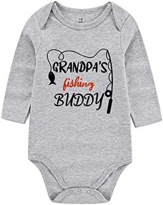 Handsome just Like dad Newborn Baby boy Clothes Unisex Funny Baby Bodysuits for Girls, Grandpa's Fishing Buddy Gray Long, 9-12Months