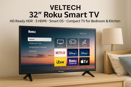 VELTECH 40" Smart LED TV – Roku OS, HD, Freeview, Dolby Audio, HDMI