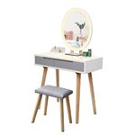 ARTETHYS Dressing Table, Vanity Makeup Table Set with Adjustable Brightness Mirror & Cushioned Stool, 2 Drawers and Makeup Organizer, Oval（White & Grey）