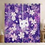 Castle Fairy White Cat Window Curtains,Purple Flowers Curtain,Cute Cats Window Drapes for Kids Teens Boys Young Man,Modern Bedroom Decorative,Animals and Plants Curtain,38Wx45L