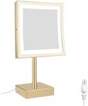 DOWRY Tabletop LED Lighted 5X Magnifying Makeup Mirror Square with Plug 8 Inch Polished Gold Finished