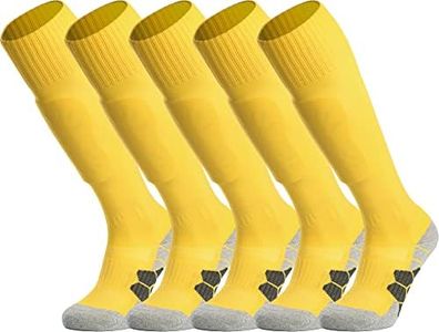 APTESOL Youth Soccer Socks Kids Knee High Team Sport Cushion Sock Women Men Long Tube Cotton Athletic Compression Socks (5-Pair Yellow,Medium)