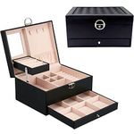 Time Wing Wooden Jewelry Box Organizer Lockable with Mirror Drawer Velvet Lining PU Leather Storage Case Holder for Bracelet Ring Watch Earring Necklace Vintage Gift for Mother Women Lady Girl Black