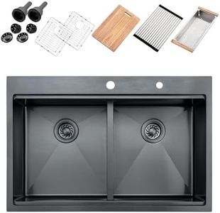 Xiiwin 33 inch Double Bowl Topmount Kitchen Sink 33×22 inch Top Mount 16 Gauge Drop in Workstation with Accessories Stainless Steel Black