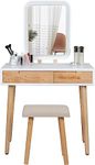 ARTETHYS Dressing Table Set with LED Lights Mirror, Vanity Makeup Table Set with Adjustable Brightness Mirror, 2 Drawers, Cushioned Stool and Free Make-up Organizer, Rectangular