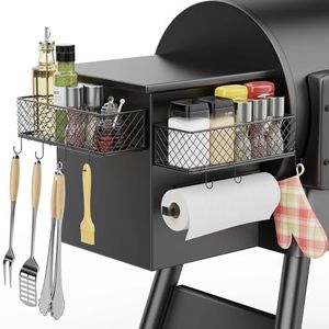 Ormeli 2 Pack Magnetic Storage Bin for Traeger Smoker Grill Caddy, Grill Basket with Paper Towel Holder for Some Models of Traeger/Pit Boss/Z Grill Smoker Accessories, Griddle Caddy for Outdoor Grill