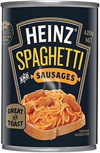 Heinz Spaghetti and Sausages Canned Pasta In Tomato Sauce Ready To Eat Quick and Convenient Meal Tinned Spaghetti in Tomato Sauce 420g