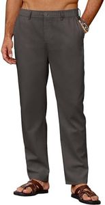COOFANDY Men's Linen Trousers Elasticated Waist Casual Pants Beach Summer Trousers with Placket Leisure Pants Dark Grey M
