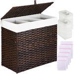 Greenstell Laundry Hamper with Lid, 125L Large 3 Sections Clothes Hamper with 2 Removable Liner Bags & 5 Mesh Laundry Bags, Handwoven Synthetic Rattan Divided Laundry Basket Brown