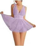 OYOANGLE Women's 2 Piece Polka Dots Lace Sheer Mesh V Neck Babydoll Teddy Lingerie Set Purple Large