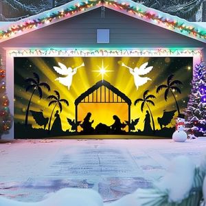 Christmas Garage Door Cover, Xmas Garage Door Banner Decorations, Nativity Christmas Garage Door Covering Decor, Garage Door Christmas Mural Backdrop Background 13x6 ft