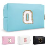 Biileen Personalized Initial Preppy Makeup Bag Small Cute Travel Chenille Letter Pouch, Blue, Q, Fashion