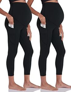 Enerful Women's Maternity Capri Leggings Over the Belly Pregnancy Active Wear Athletic Yoga Pants with Pockets 2PCS Black Small