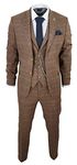 Men's 3 Piece Suit Wool Tweed Herringbone Tan Brown Blue Check 1920s Gatsby Formal Dress Suits - Oak 38