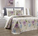 GrandLinen 3-Piece Fine Printed Chic Quilt Set Reversible Bedspread Coverlet King/Cal King Size Bed Cover (Taupe, Blue, Purple Flower)