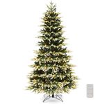 HAPPYGRILL 7 FT Pre-lit Artificial Christmas Tree, Hinged Xmas Tree with Quick Power Connector, 500 Warm-White & Cool-White LED Light Bulbs, 2489 Branch Tips, 3 Lighting Modes