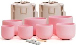 CVNC 432HZ 6-12 Inch Pink Color Frosted Quartz Crystal Singing Bowls Chakra Set of 7 with Carry Case Bags for Sound Healing and Meditation