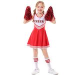 LOLANTA Girls Cheerleader Costume, School Musical Red Cheerleading Uniform Outfit with Pom Poms(6-7 Yrs,Red,Tag 130)