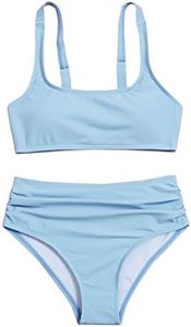 OYOANGLE Girl's 2 Piece Swimsuit Sport High Waist Teen Kids Bikini Set Bathing Suit Swimwear Light Blue 10Y