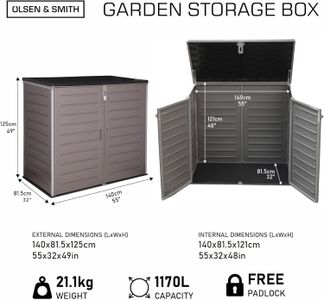 Olsen & Smith XL Wheelie Bin Storage Shed 1170L – Outdoor Plastic Garden Box for 2x 230L Bins, Tools, Bikes, Toys