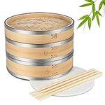 Flexzion Bamboo Steamer Basket Set (8 inch) with Stainless Steel Banding, 50 x Steamer Liners and 2 Pairs of Chopsticks, Steam Baskets for DimSum Dumplings, Rice, Vegetables, Fish and Meat