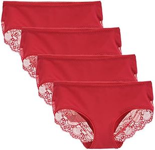 LIQQY Women's 4 Pack Cotton Mid Rise Full Coverage Lace Hipster Brief Panty Underwear (Medium, Red)