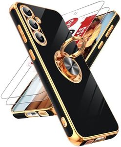 LeYi for Samsung Galaxy S23-FE Case: Samsung S23 FE Case with [2 Packs] Tempered Screen Protector, 360°Rotatable Ring Magnetic Kickstand, Plating Edge Protective Case for Galaxy S23FE/ S 23 FE, Black