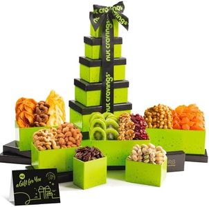 Nut Cravings Gourmet Collection - Mothers Day Dried Fruit & Mixed Nuts Gift Basket Green Tower + Ribbon (12 Assortments) Arrangement Platter, Birthday Care Package - Healthy Kosher