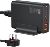 200W 6-Port USB Charging Station, PD 100W 65W 45W 20W 18W USB C GaN III Charger Laptop & Phone Fast Charger Plug, Compatible with MacBook Pro/Air,Dell XPS, iPhone 15/16/14/ Pro, iPads, Steam Deck