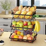 Wisdom Star 3 Tier Fruit Basket Bowl Farmhouse with Side Hooks for Kitchen Countertop, Detachable Metal Bread Fruit Vegetable Storage Basket Stand Holder with Wooden Handle, Black…