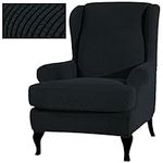 2 Piece Stretch Wingback Chair Cover Jacquard Wing Chairs Slipcover, Anti Slip Stylish Furniture Protector, Washable Armchair Cover for Living Room Fabric with Elastic Bottom (Black, 2)