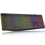 Computer Keyboard Wired,7-Color Rainbow LED Backlit, Quiet Light Up Keyboard with Multimedia Keys,Low Profile Chiclet Keys,Large Number Pad,Spill-Resistant, Anti-Wear Letters for Windows Mac PC Laptop