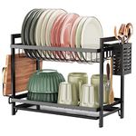 iSPECLE Dish Drainer Rack - 2 Tier Dish Drying Rack with Drip Tray, Rustproof Draining Board Rack with Utensil & Cutting Board Holder, Sink Drainer Rack for Kitchen Counter, Black