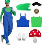 Antsparty New Plumber Costume for Kids Adult, 7PCS Super Plumber Fancy Dress Costume with Shirt Pants Cap Beard Gloves, Super Bros Halloween Carnival Cosplay Costume