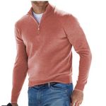 Men's Cashmere Zip Basic Sweater, Men's Polo Shirt, Classic, Men's V-Neck Sweater, Long Sleeves, Soft Touch, Quarter Zip (Rosa,M)