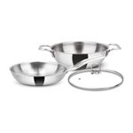 Orange Triply Stainless Steel Cookware 3 Pc Combo Set | 1Pc Deep Kadai(24cm/3Ltr), 1Pc Fry Pan(22cm/1.5Ltr) with 1Pc Sturdy Glass Lid | Induction Friendly | Silver