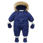 BRONG Baby Boy Girl Winter Snowsuit Hooded Jacket Footed Romper with Gloves Infant Jumpsuit with Detachable Fur Trim Blue 12-18 Months