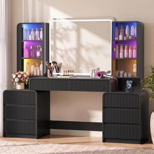 Big Vanity, 63" Fluted Wood Makeup Vanity Desk with Mirror and Lights