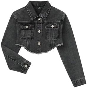 BEAUDRM Girl's Long Sleeve Asymmetrical Raw Hem Coat Collared Neck Button Up Crop Denim Jackets with Pockets Black 11Y
